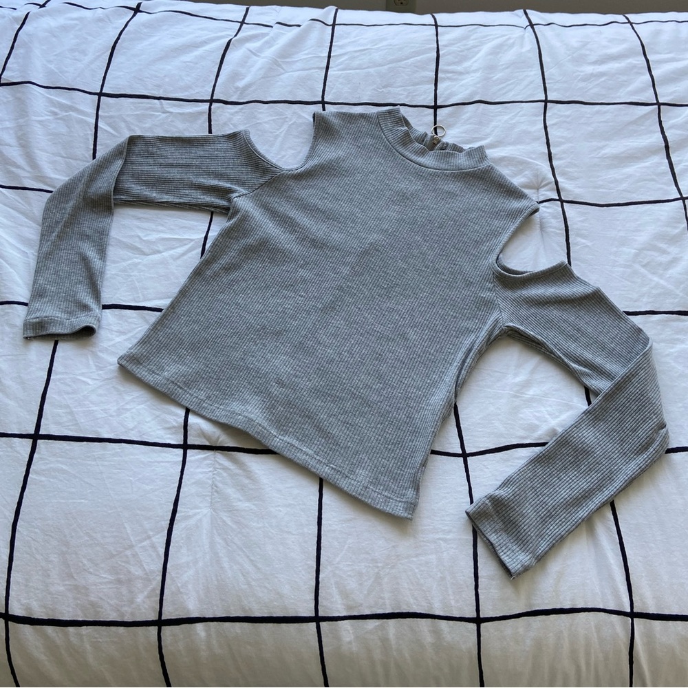 Grey Open Shoulder Mock Neck Long Sleeve